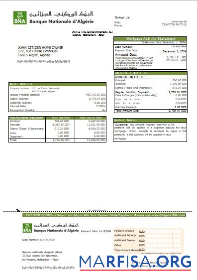 Blank Algeria Banque nationale d'Algerie (BNA) bank mortgage statement scr example